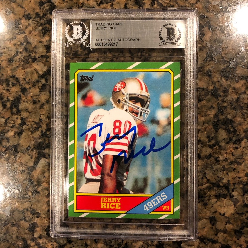 Jerry Rice HOF Signed 1986 Topps Reprint RC San Francisco 49ers AUTO BGS BAS